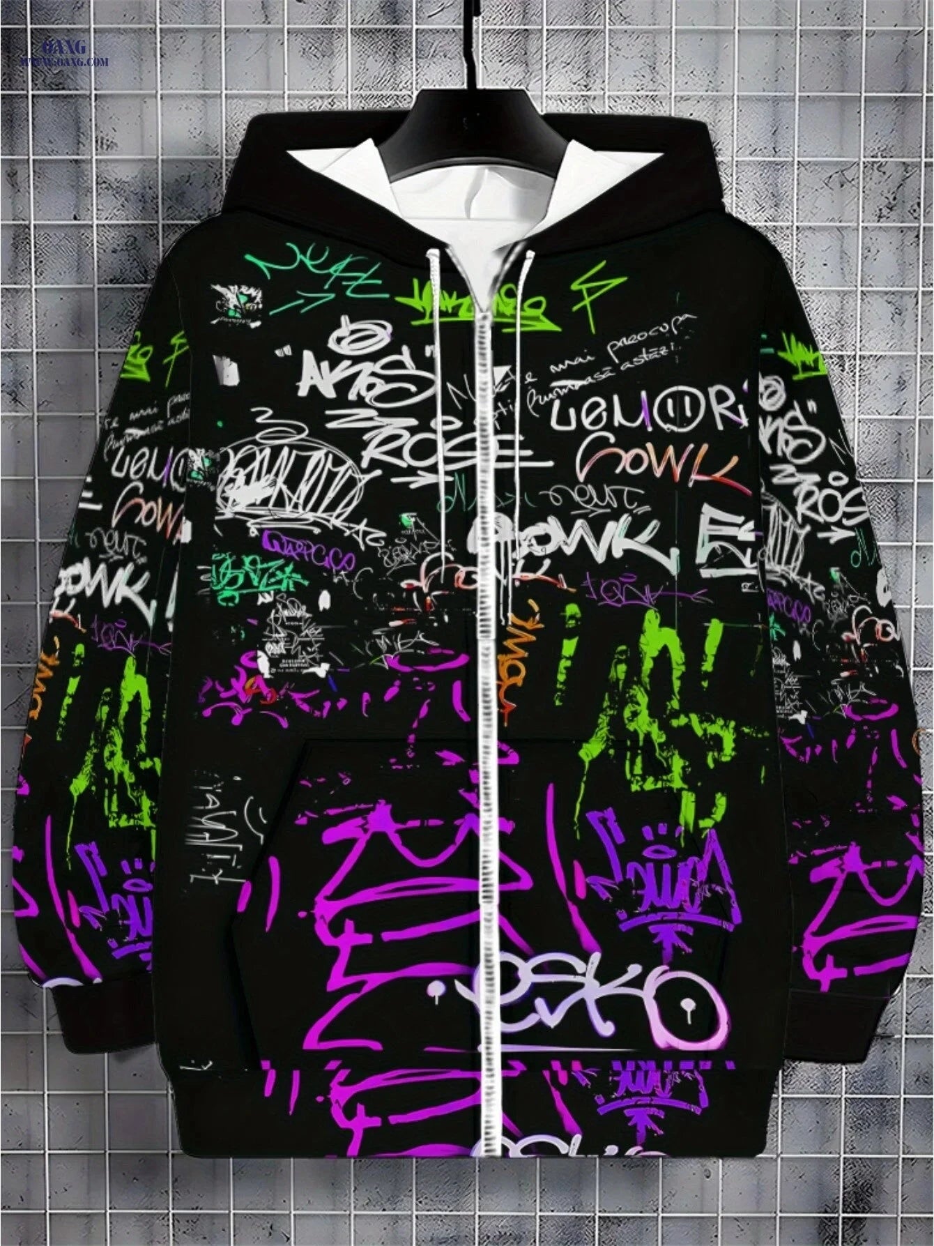 Zipper Hoodie for Men - Lightweight Polyester with Graffiti Print   OAXG 
