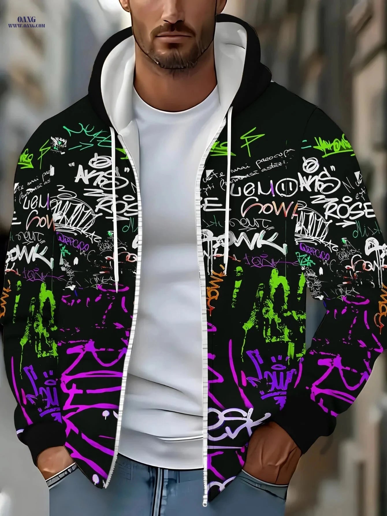 Zipper Hoodie for Men - Lightweight Polyester with Graffiti Print   OAXG 【Multicolor】 / FR M