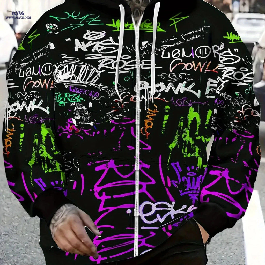 Zipper Hoodie for Men - Lightweight Polyester with Graffiti Print   OAXG 【Multicolor】 / FR M