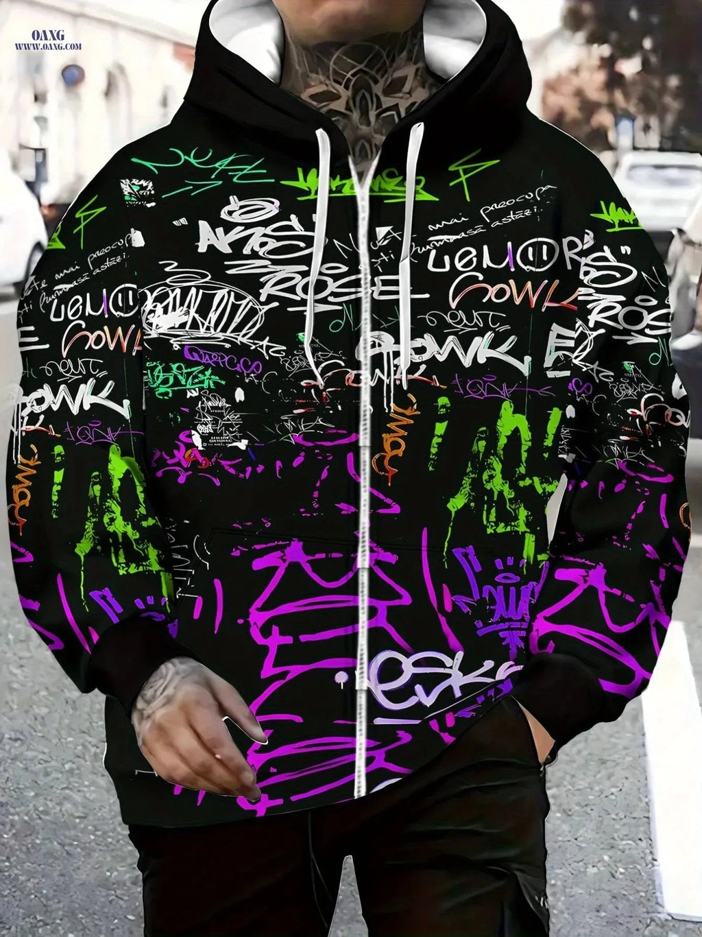 Zipper Hoodie for Men - Lightweight Polyester with Graffiti Print   OAXG 
