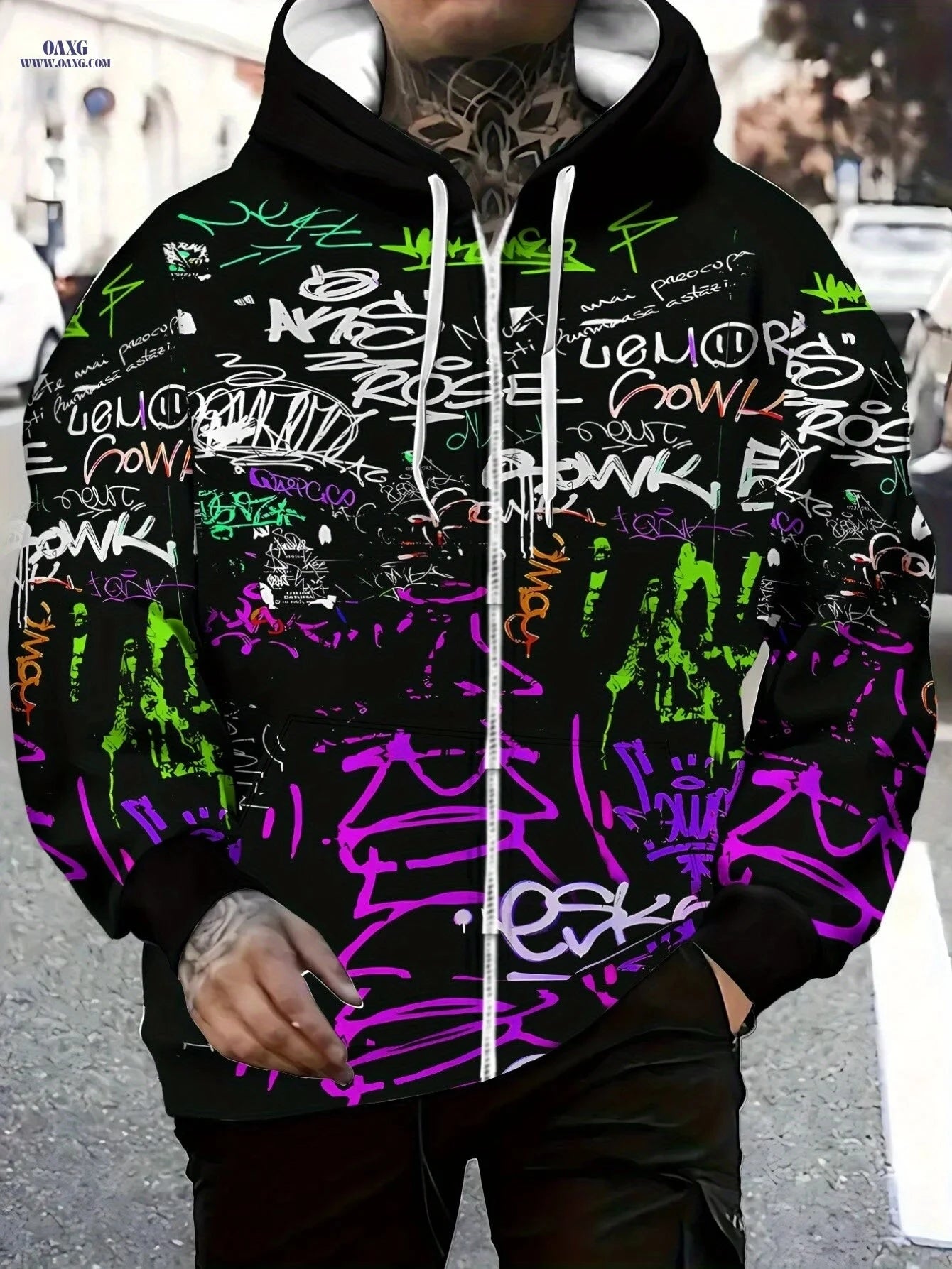 Zipper Hoodie for Men - Lightweight Polyester with Graffiti Print   OAXG 