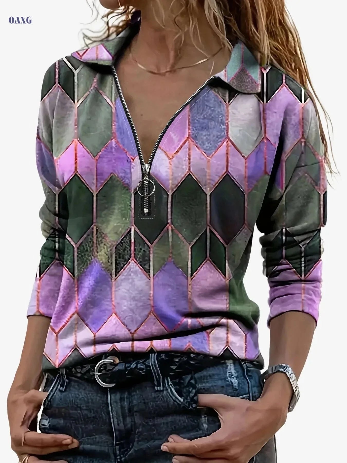 Zipper Long Sleeve Polo - Casual Geometric Pattern Top   OAXG 