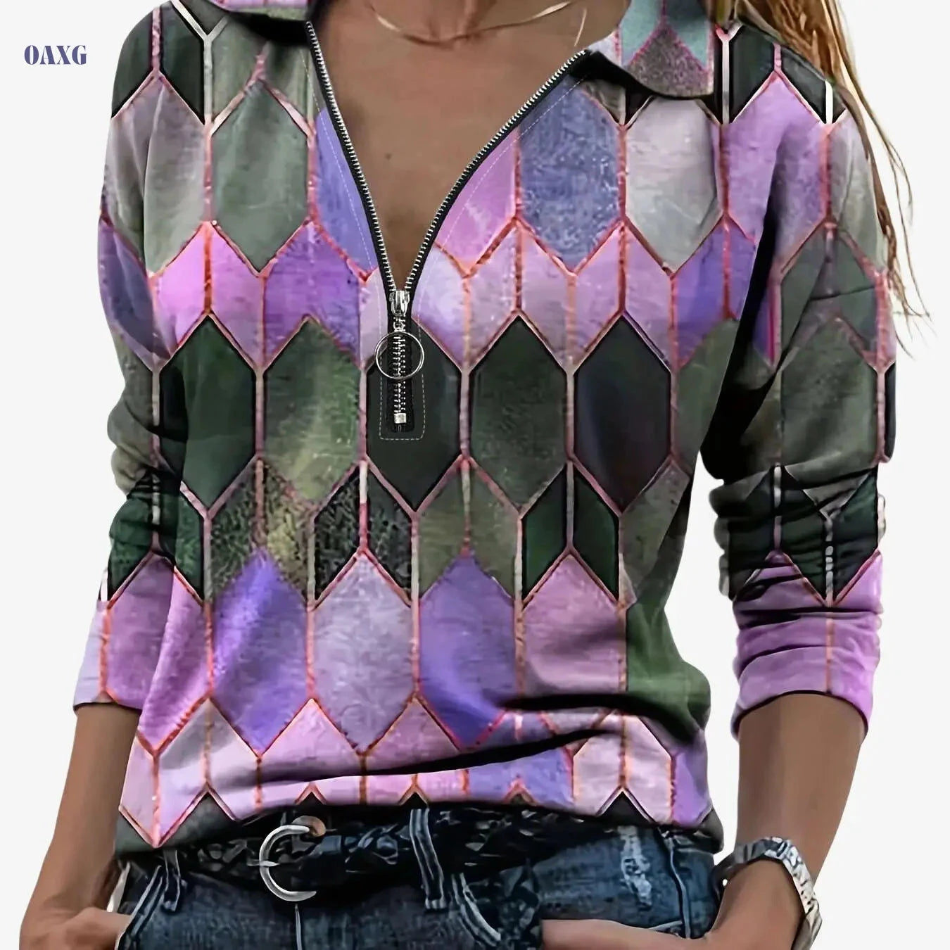 Zipper Long Sleeve Polo - Casual Geometric Pattern Top   OAXG 