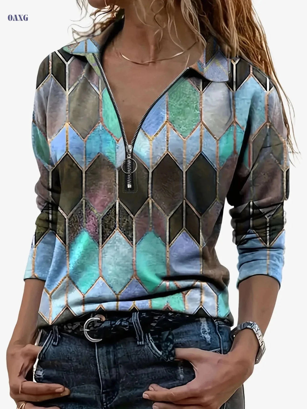 Zipper Long Sleeve Polo - Casual Geometric Pattern Top   OAXG 