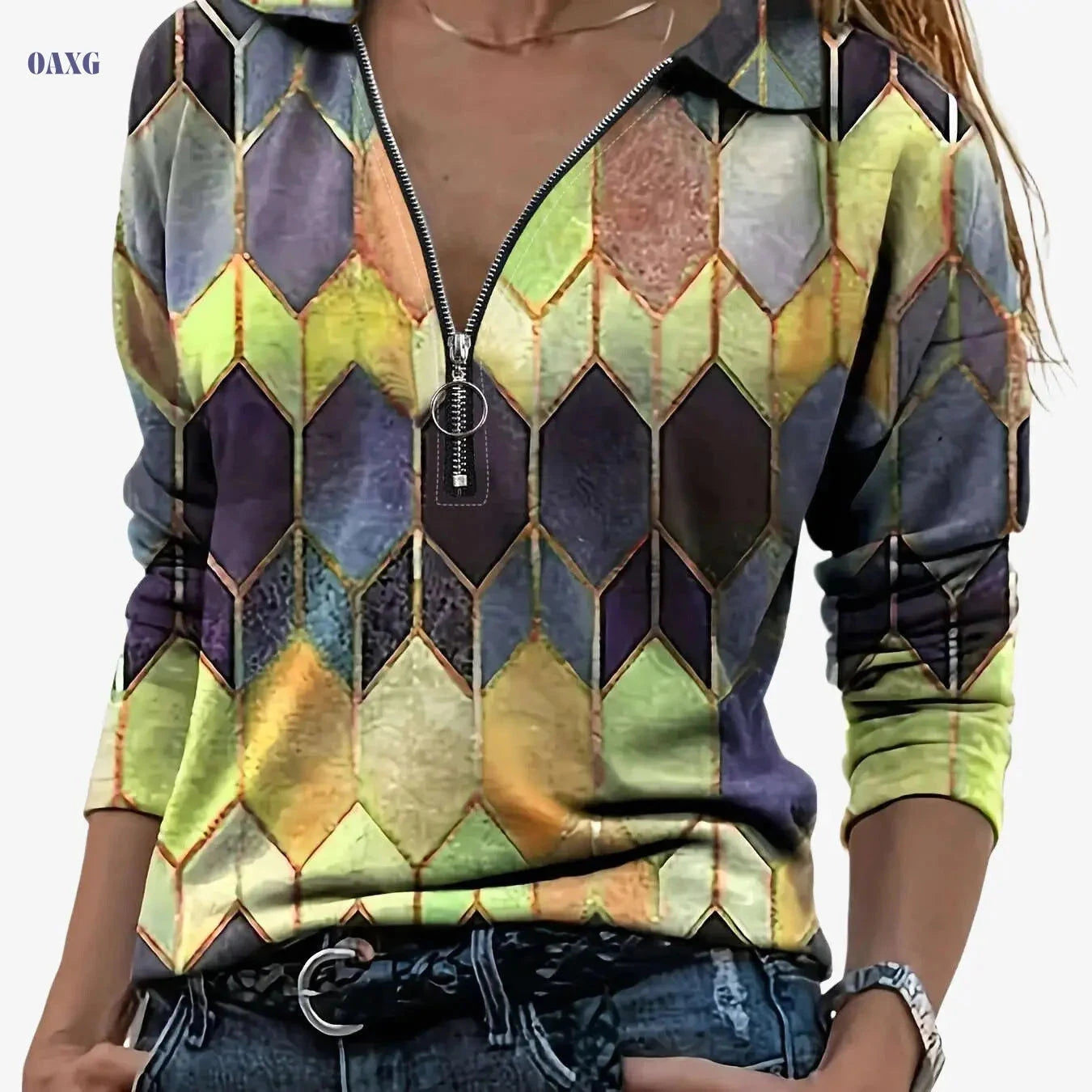 Zipper Long Sleeve Polo - Casual Geometric Pattern Top   OAXG 