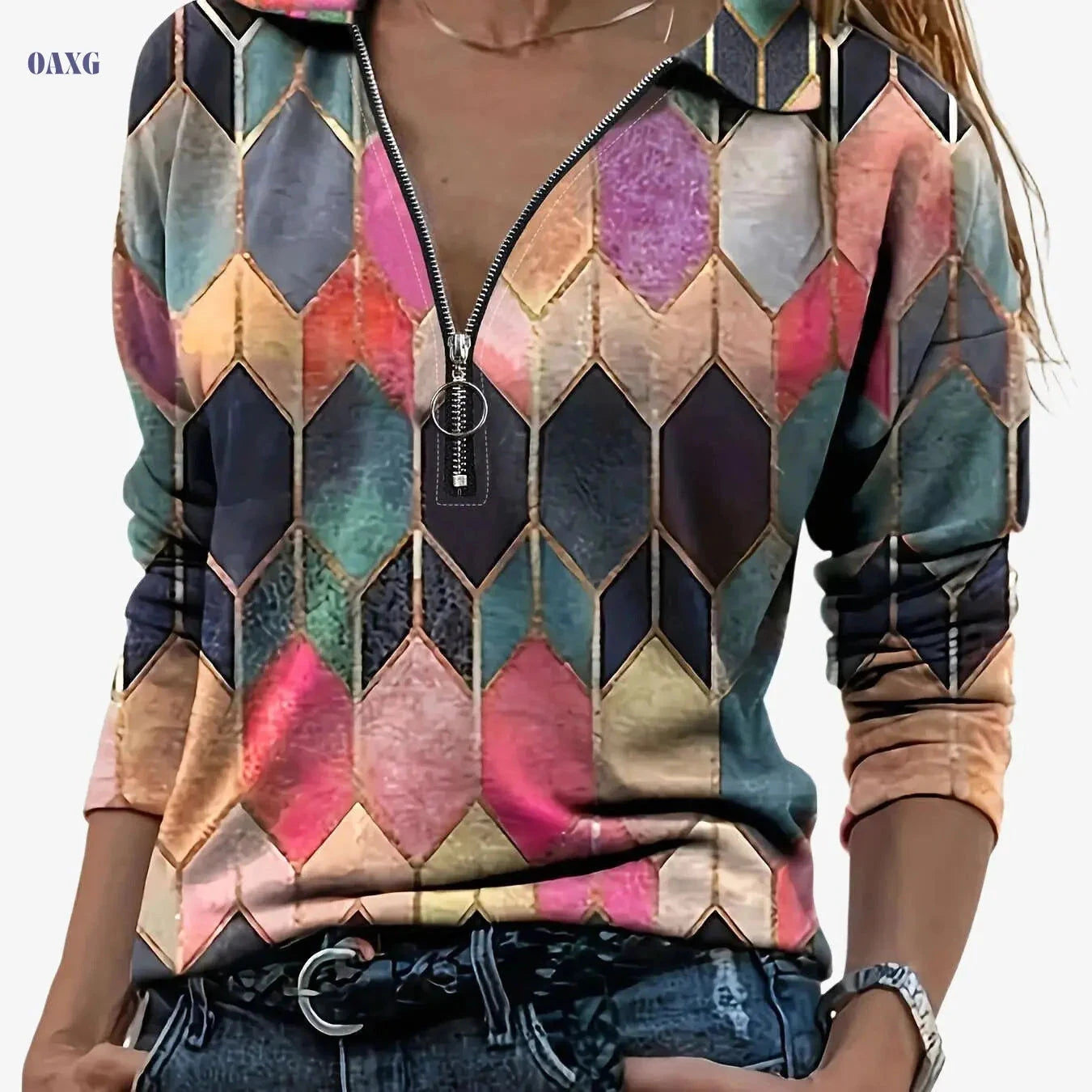 Zipper Long Sleeve Polo - Casual Geometric Pattern Top   OAXG 