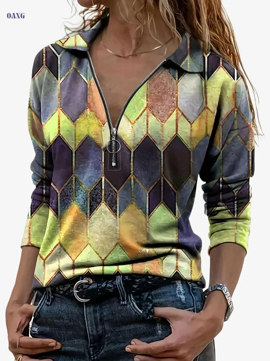 Zipper Long Sleeve Polo - Casual Geometric Pattern Top   OAXG Red / S