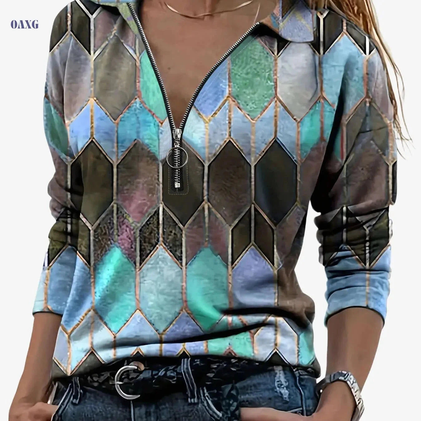 Zipper Long Sleeve Polo - Casual Geometric Pattern Top   OAXG Red / S