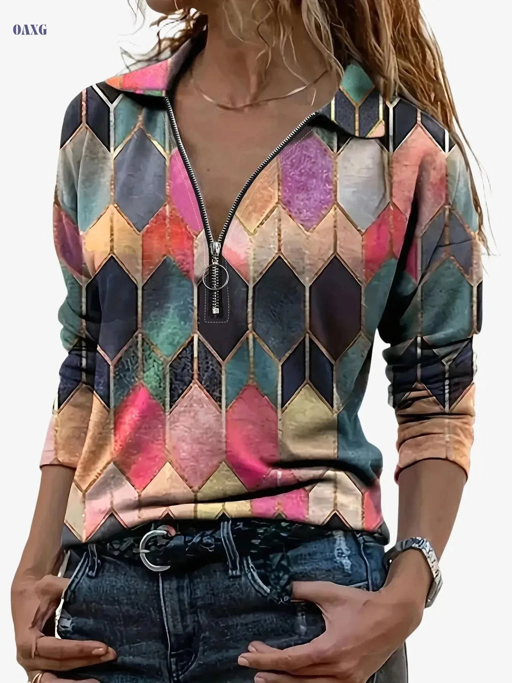 Zipper Long Sleeve Polo - Casual Geometric Pattern Top   OAXG Red / S