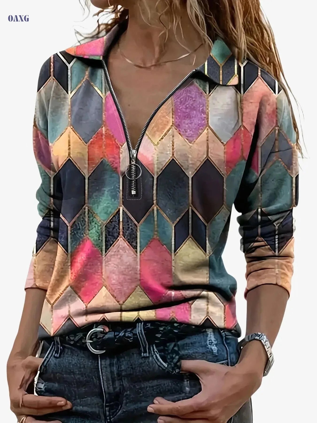 Zipper Long Sleeve Polo - Casual Geometric Pattern Top   OAXG Red / S