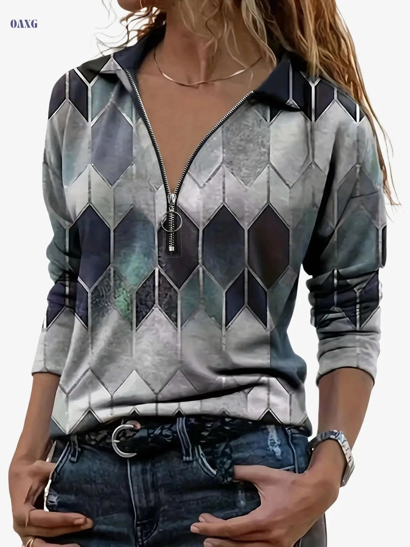 Zipper Long Sleeve Polo - Casual Geometric Pattern Top   OAXG Red / S