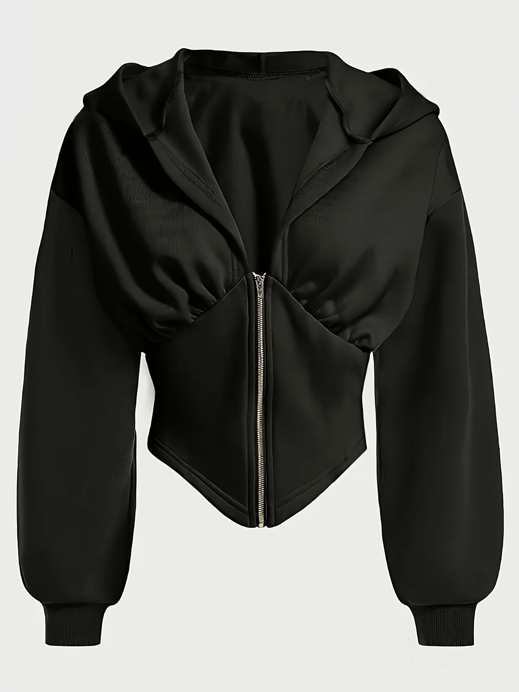 Zipper Pleat Color Block Design - Hoodie, Casual Long Sleeve Hooded Sweatshirt, Suitable for Autumn and Winter, Women's Wear   OAXG Black / XS