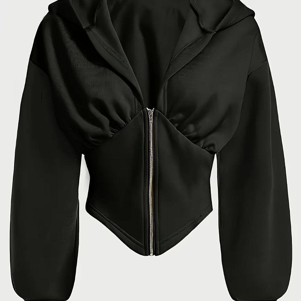 Zipper Pleat Color Block Design - Hoodie, Casual Long Sleeve Hooded Sweatshirt, Suitable for Autumn and Winter, Women's Wear   OAXG Black / XS