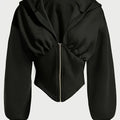 Zipper Pleat Color Block Design - Hoodie, Casual Long Sleeve Hooded Sweatshirt, Suitable for Autumn and Winter, Women's Wear   OAXG Black / XS