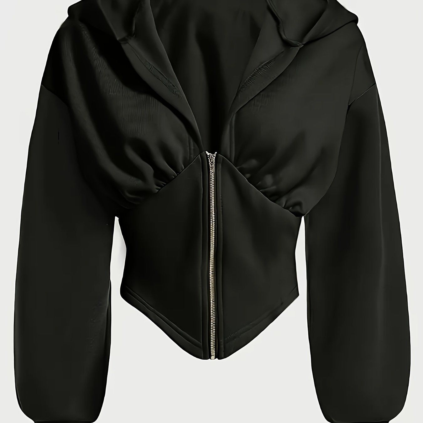 Zipper Pleat Color Block Design - Hoodie, Casual Long Sleeve Hooded Sweatshirt, Suitable for Autumn and Winter, Women's Wear   OAXG Black / XS