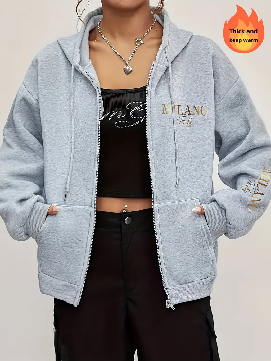 Zipper Sweatshirt Thick Fleece Hooded Women'S, Warm Comfortable Printed Letter Top Sweatshirt Jacket, with Drawstring Hood, Kangaroo Pocket, Casual Outing, Fall Winter Warm Pullover Long Sleeve Sweatshirt   OAXG White / S