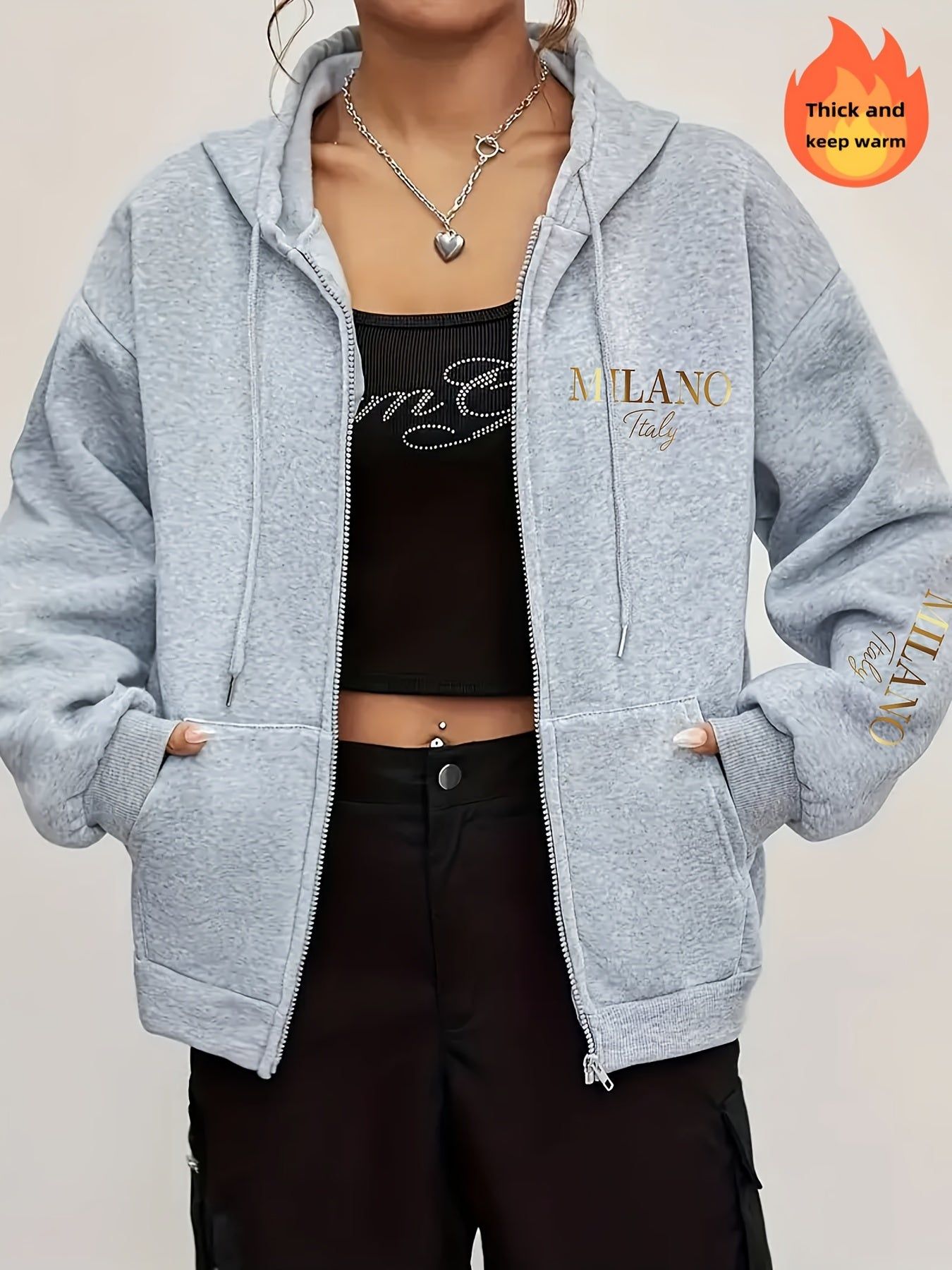 Zipper Sweatshirt Thick Fleece Hooded Women'S, Warm Comfortable Printed Letter Top Sweatshirt Jacket, with Drawstring Hood, Kangaroo Pocket, Casual Outing, Fall Winter Warm Pullover Long Sleeve Sweatshirt   OAXG White / S