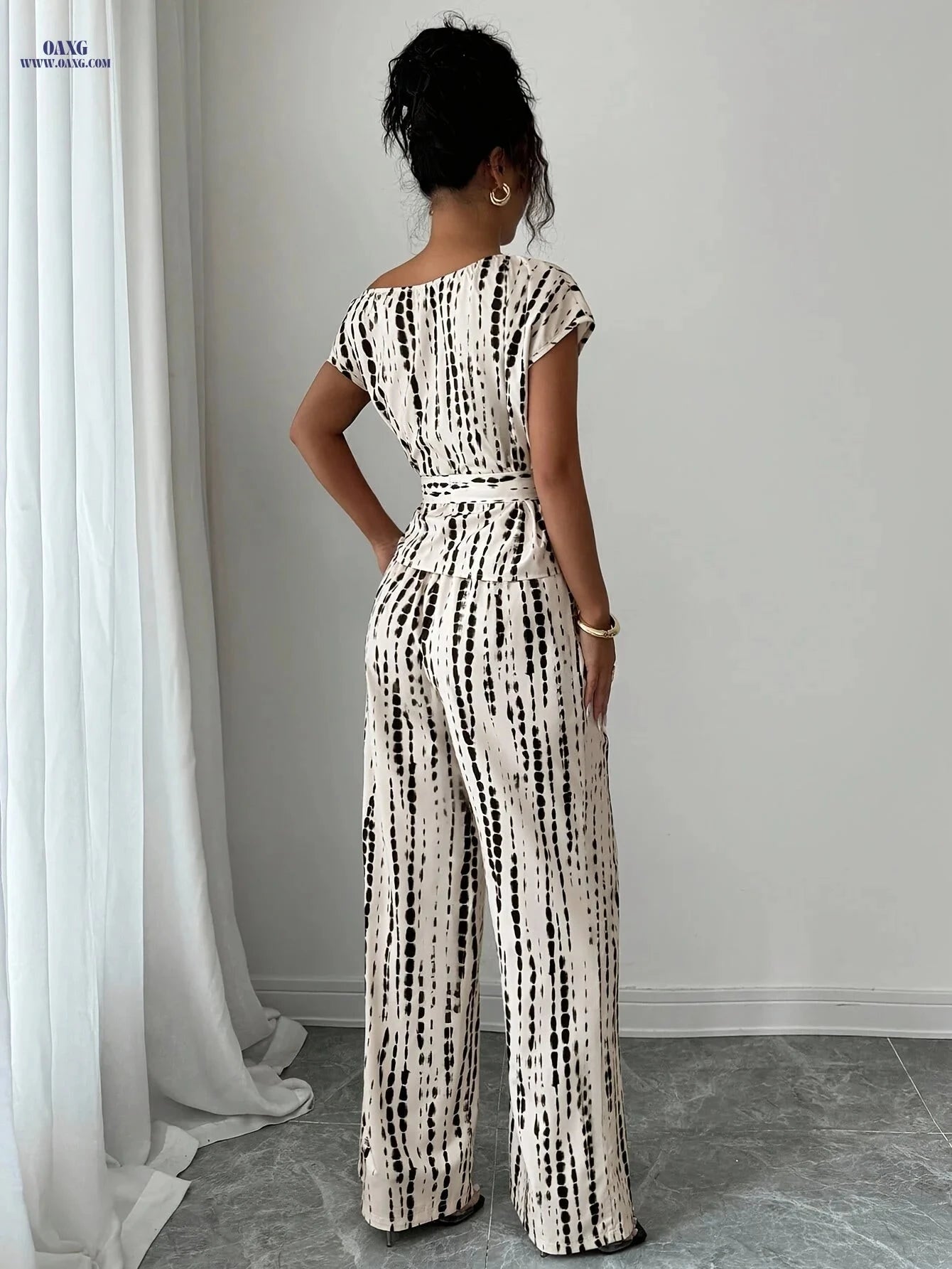 ZLLZ Elegant Women's Batwing Top & Tie-Up Pants Set - Chic Design   OAXG 