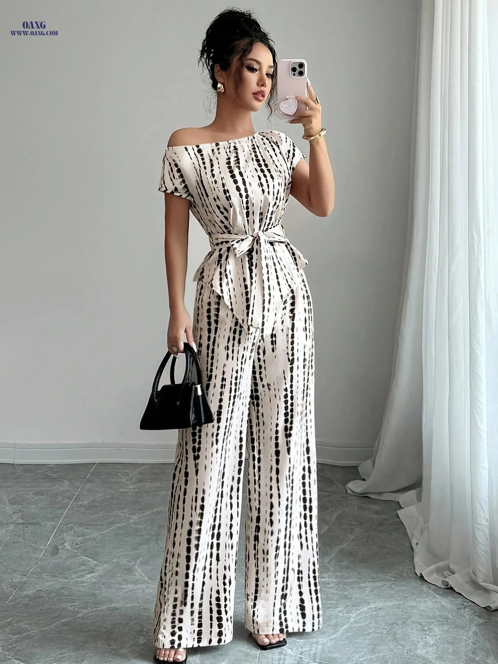 ZLLZ Elegant Women's Batwing Top & Tie-Up Pants Set - Chic Design   OAXG Apricot / S