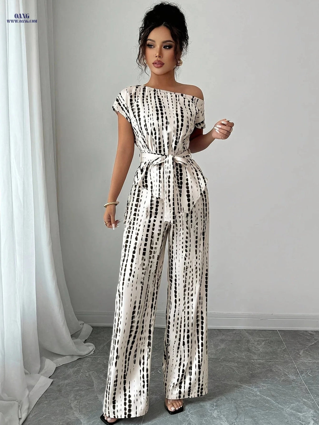ZLLZ Elegant Women's Batwing Top & Tie-Up Pants Set - Chic Design   OAXG Apricot / S
